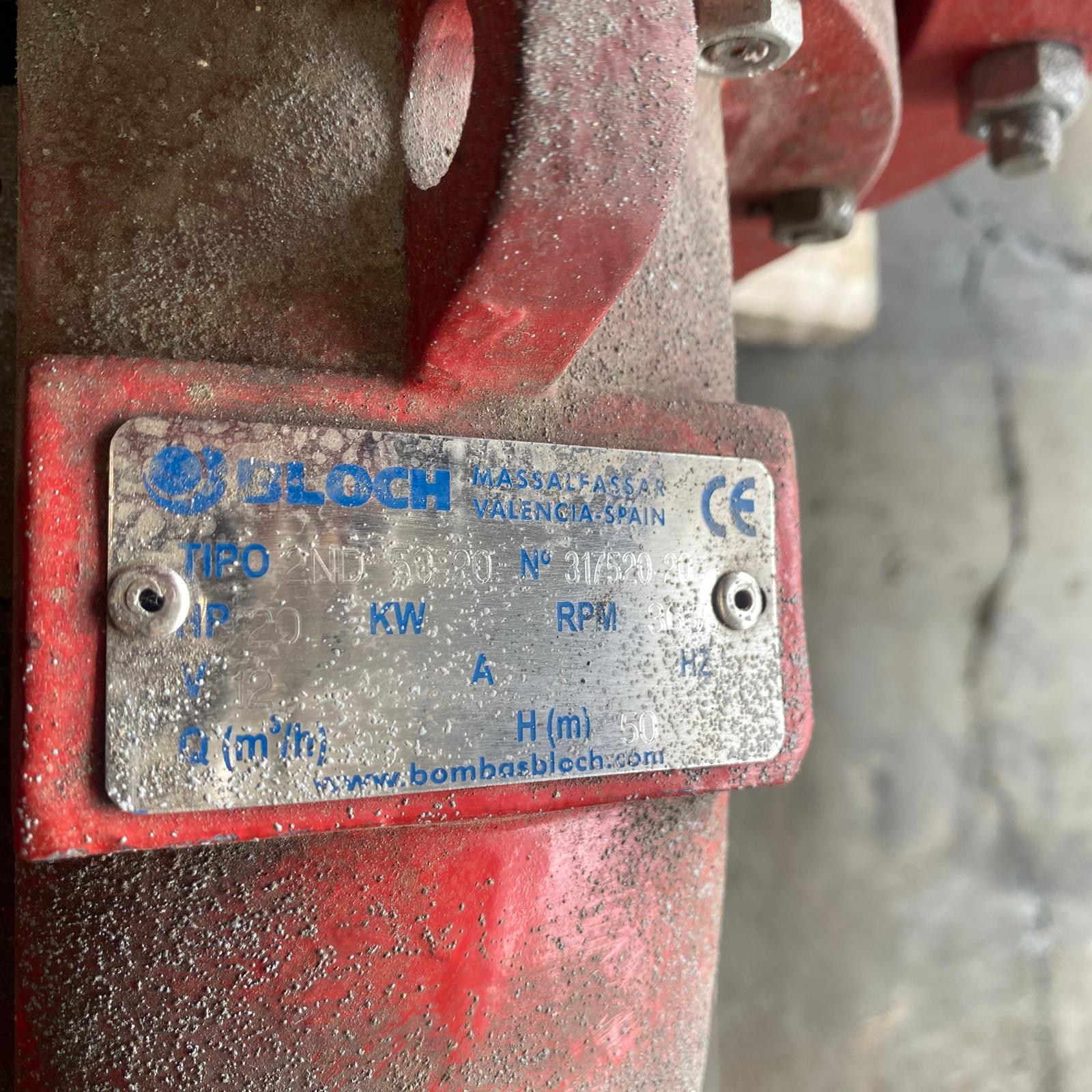 grupo contra incendios bloch con bomba diésel 20 hp, 3000 rpm, caudal 36 m³/h y altura 50 m